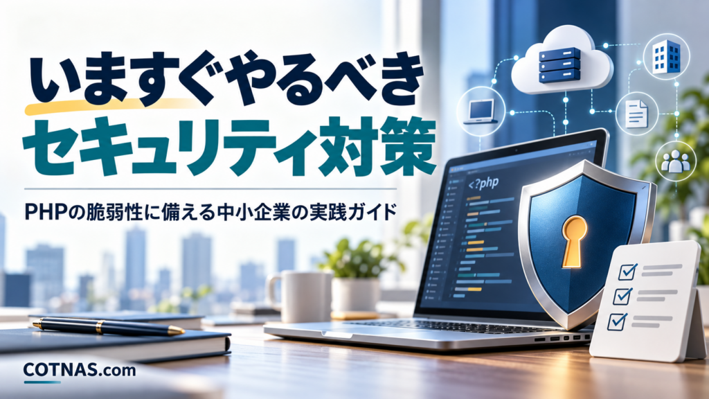 PHPの脆弱性に備える中小企業のセキュリティ対策。ノートパソコン、鍵穴付きの盾、確認リストのイメージ