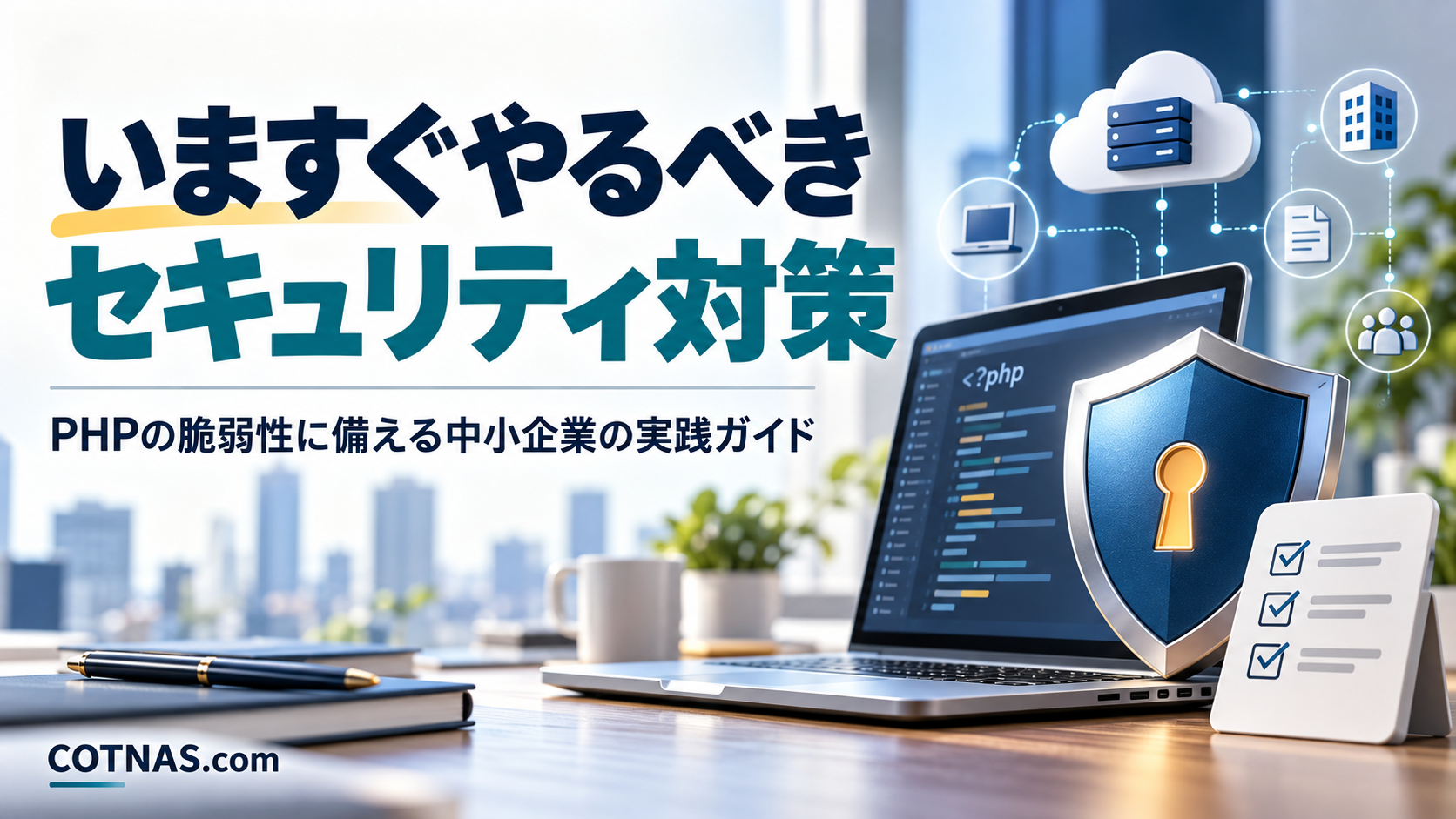 PHPの脆弱性に備える中小企業のセキュリティ対策。ノートパソコン、鍵穴付きの盾、確認リストのイメージ