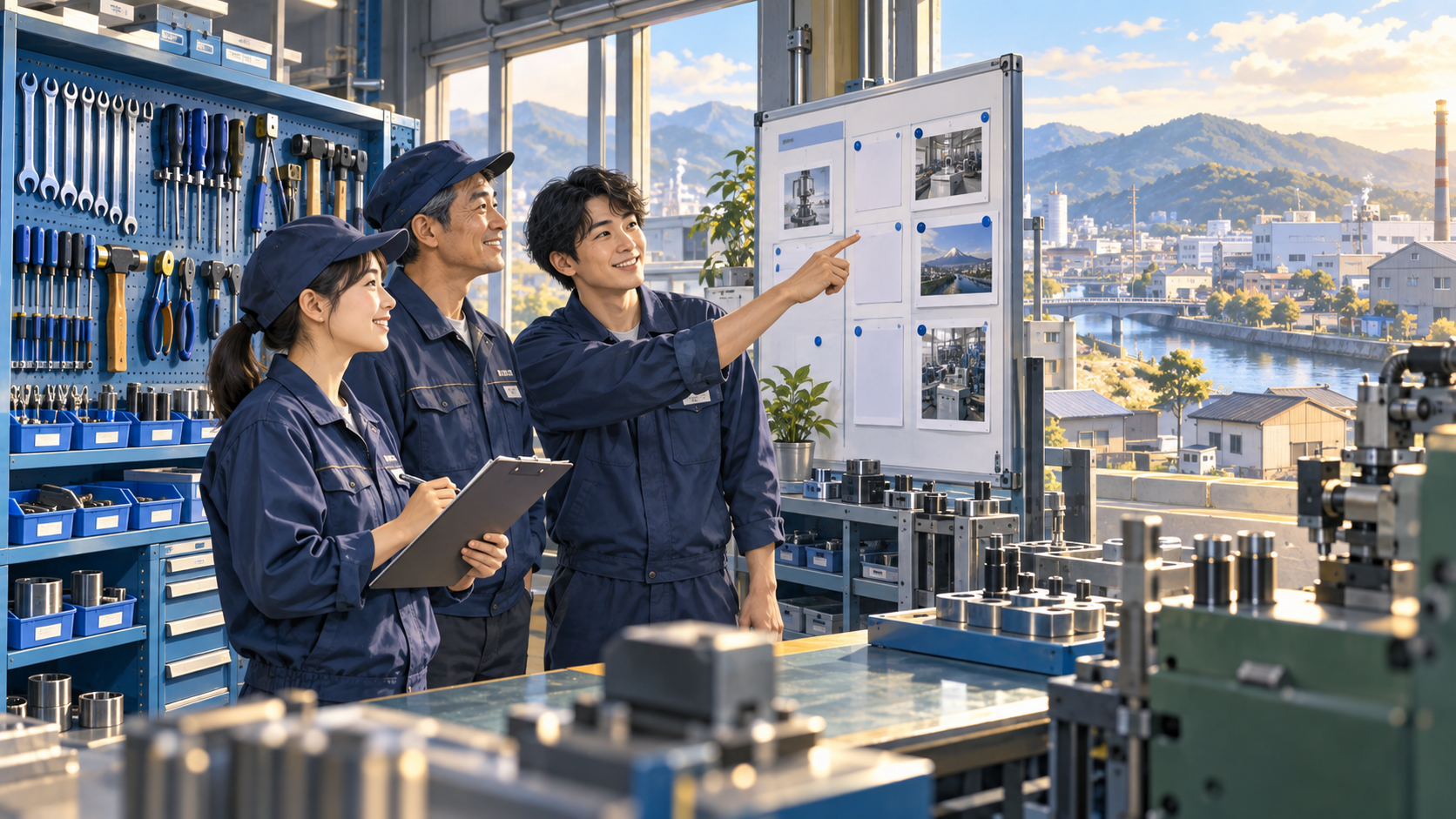 社員が5S活動の改善を話し合う製造現場と地域のイメージイラスト
